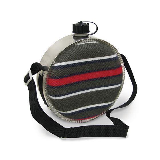 Stansport 4 qt canteen with striped blanket cover and adjustable black strap