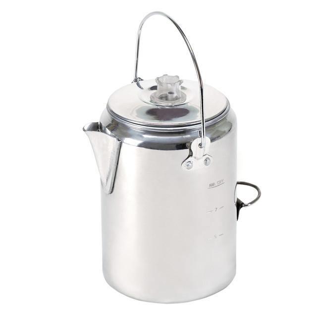 Stainless steel camping percolator coffee pot with spout, lid, and handle, white background