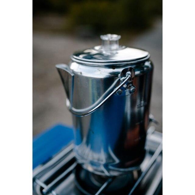 Stansport stainless steel percolator coffee pot on camp stove outdoors