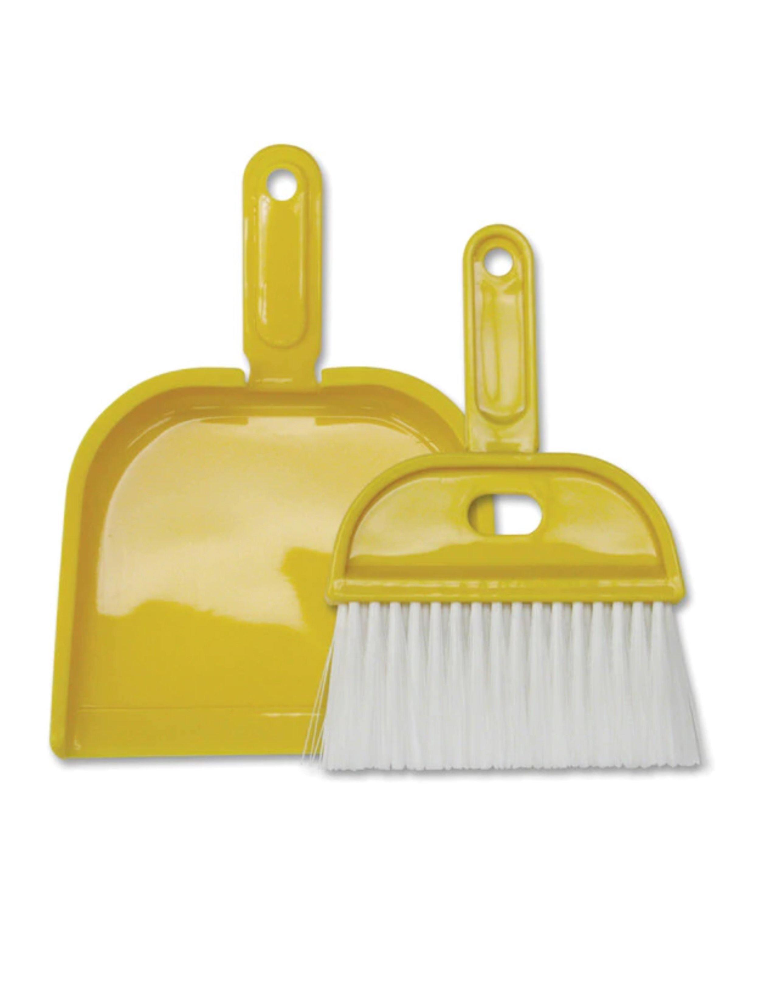 Yellow dustpan and whisk broom set with white bristles on white background