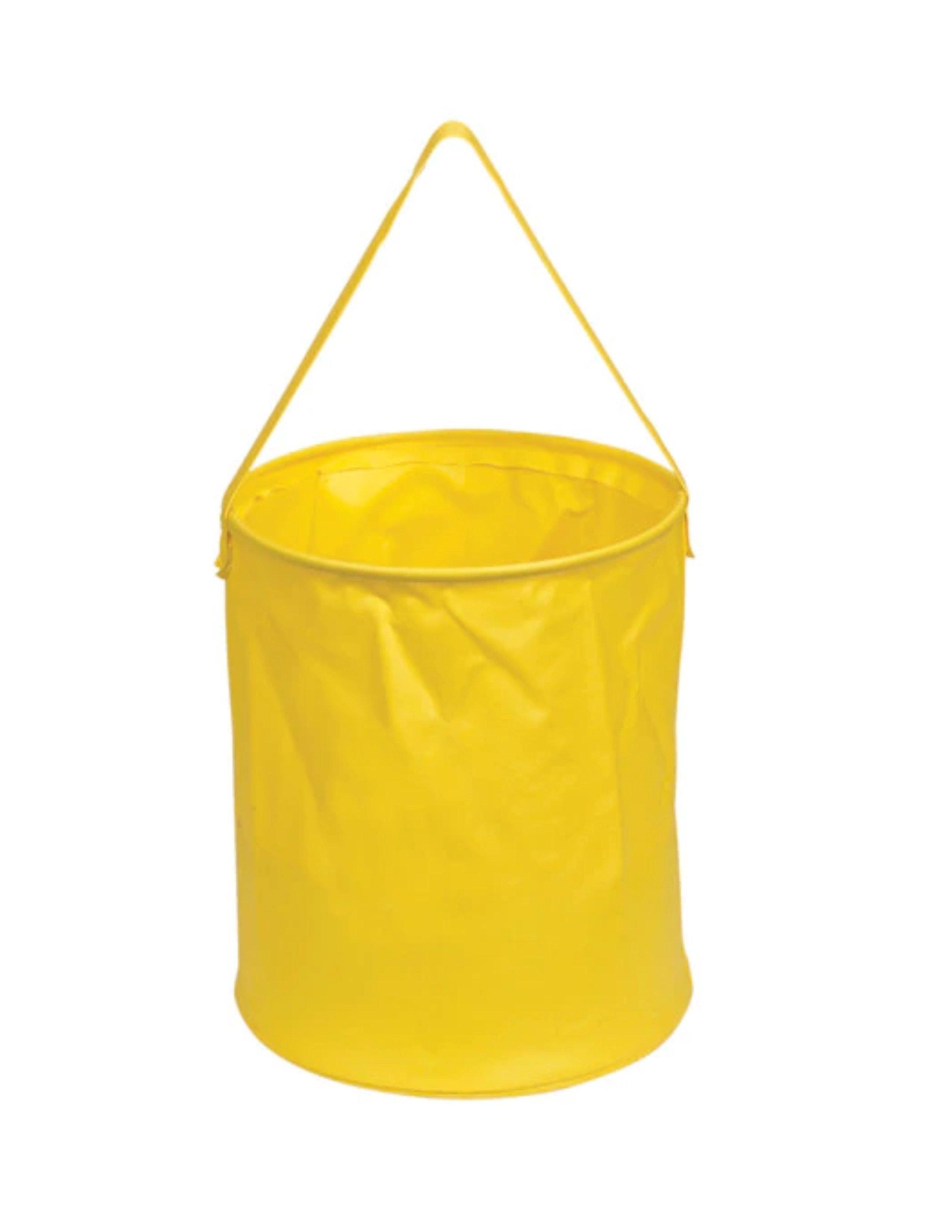 Yellow collapsible utility bucket with handle on white background