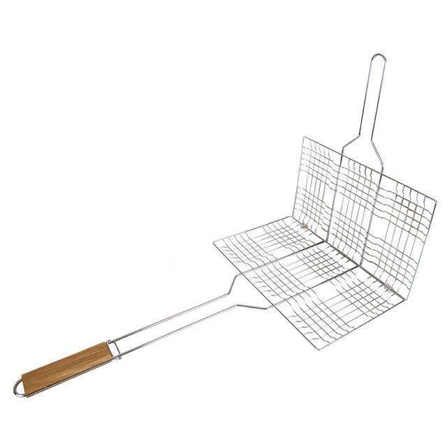Stansport deluxe cooking broiler with wooden handle, open wire mesh grilling basket