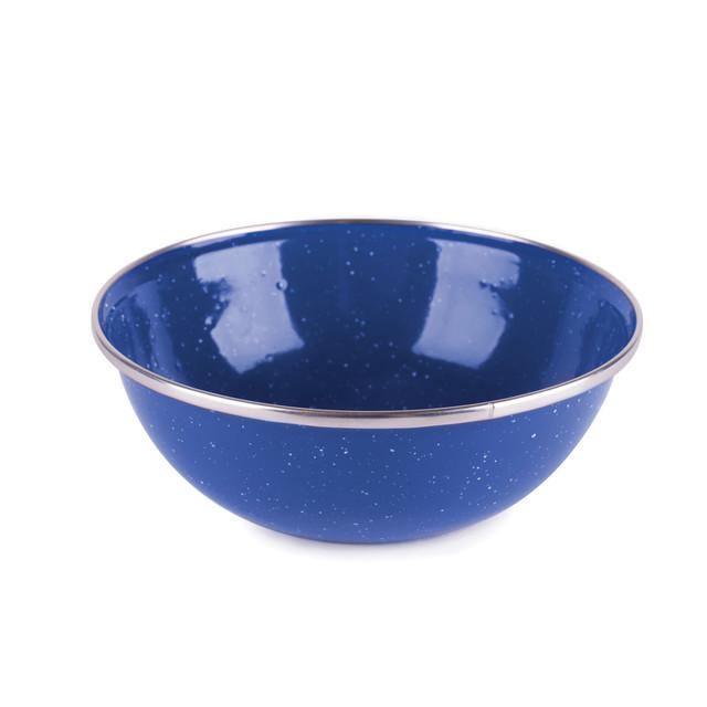 Blue enamel mixing bowl with silver rim on white background, camping kitchenware