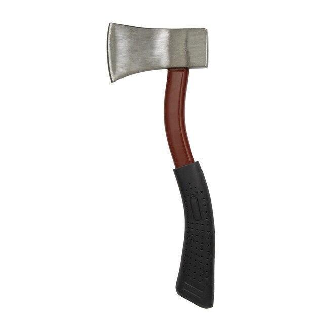Stansport fiberglass handle camp axe with steel head and black rubber grip on white background