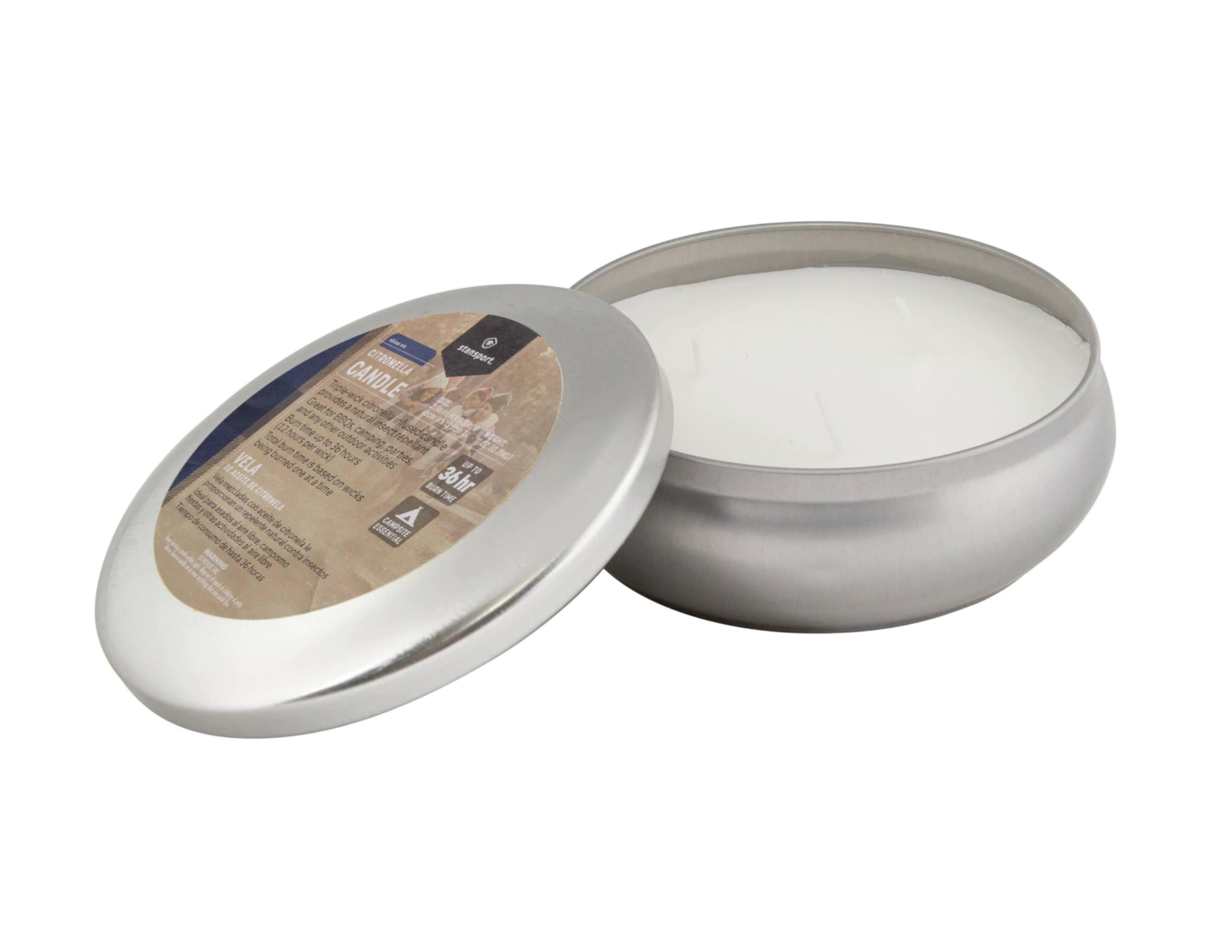 Stansport citronella insect repellent candle in silver metal tin with lid, three wicks visible