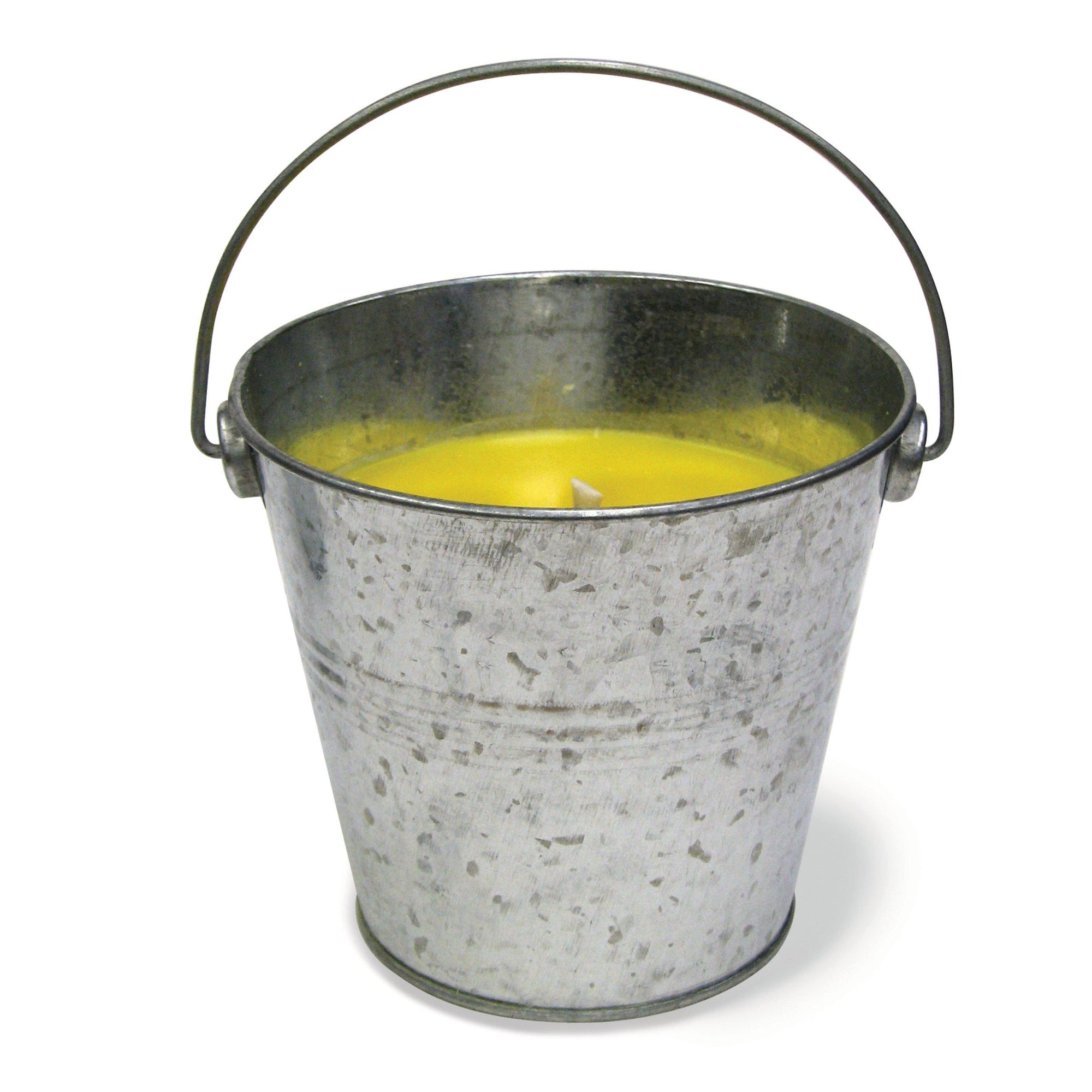 Citronella insect repellent candle in a metal bucket container on white background