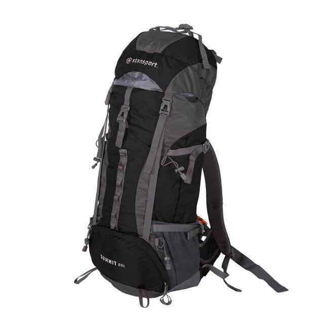 Stansport 50L internal frame hiking backpack in black and gray with multiple straps