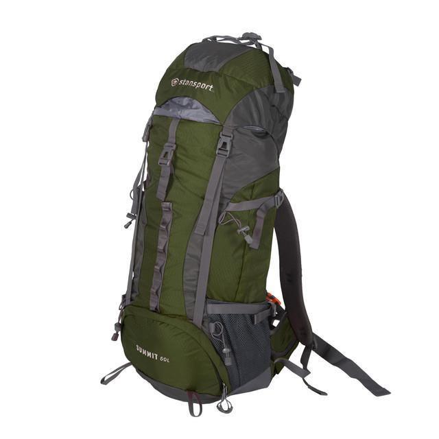 Stansport green and gray 50L internal frame hiking backpack with multiple pockets