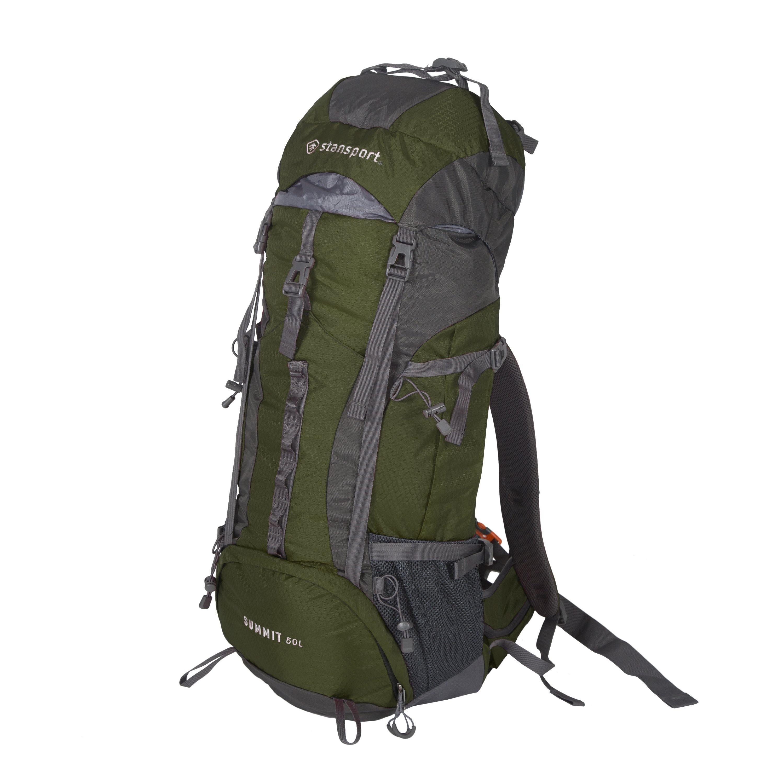 Stansport green and gray 50L internal frame hiking backpack with straps and mesh pockets