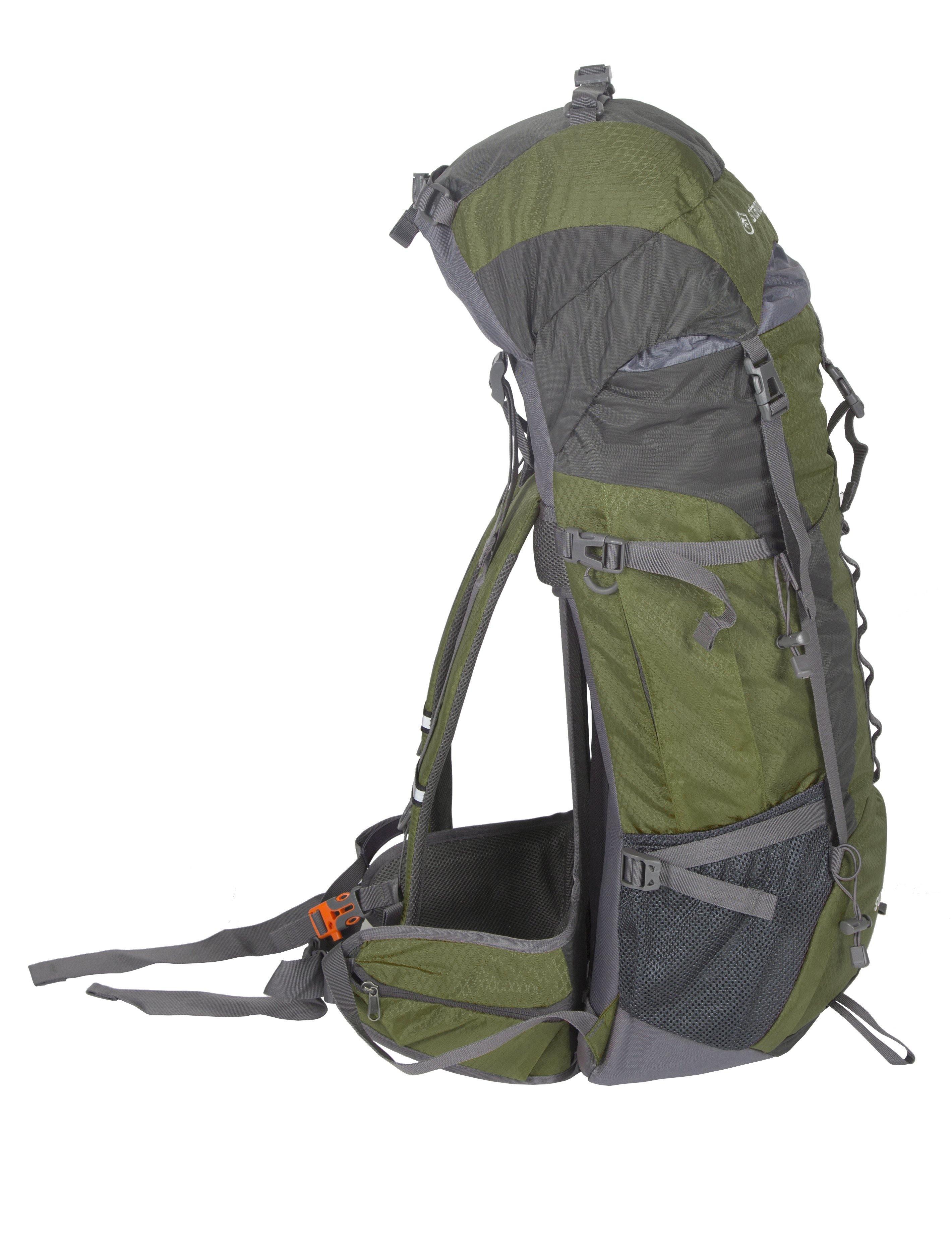 Green and gray internal frame hiking backpack with multiple straps and mesh pockets