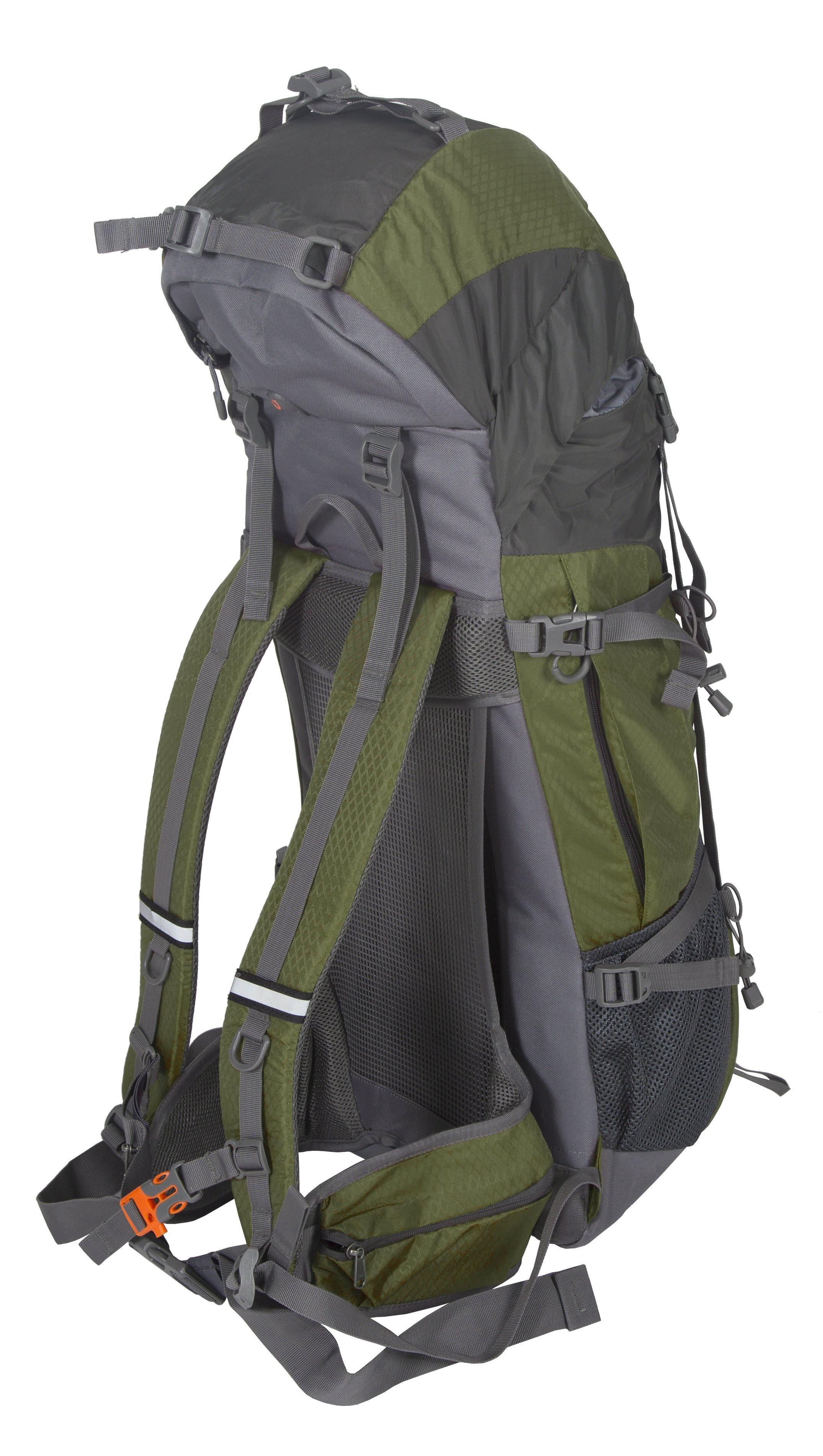 Green and gray Stansport 50-liter internal frame backpack with padded straps and mesh pockets
