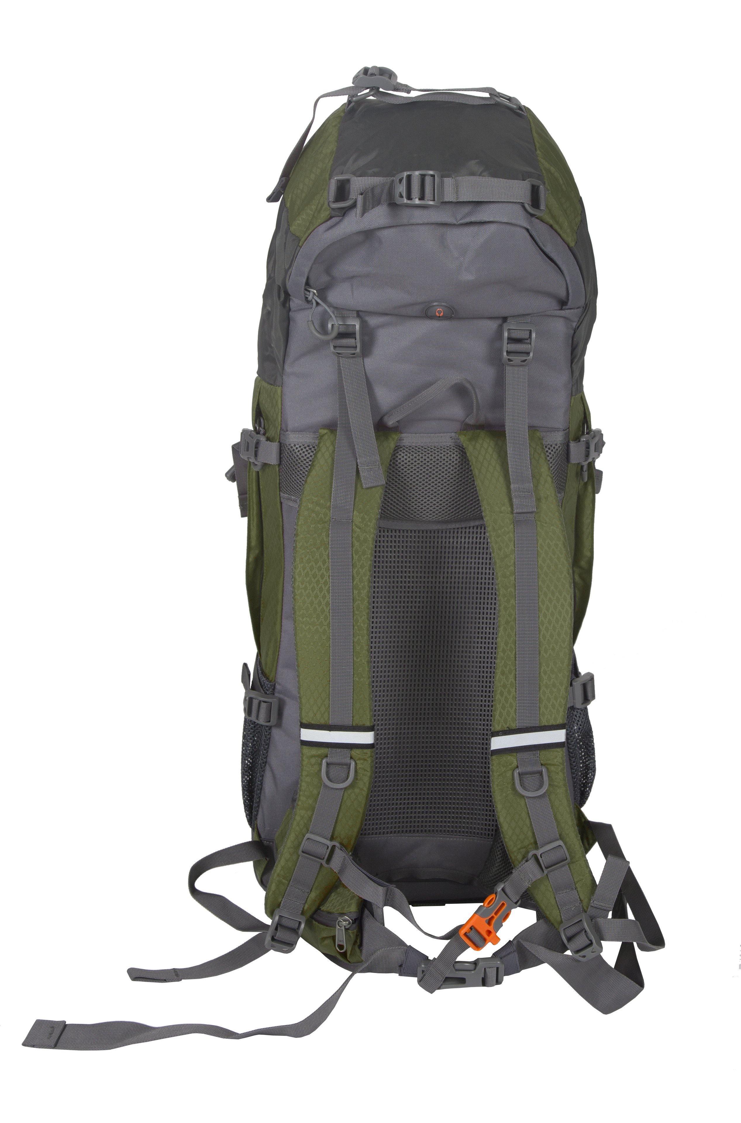 Gray and green Stansport internal frame hiking backpack with padded straps and mesh back
