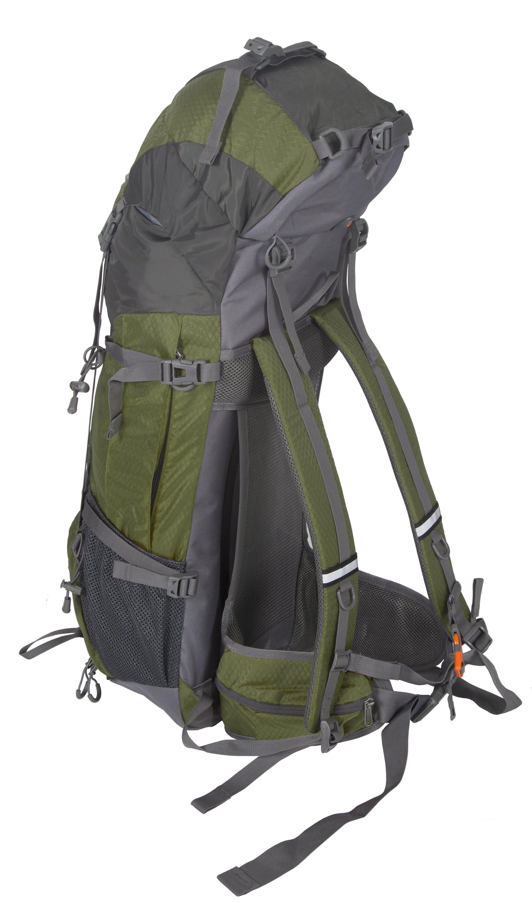 Green and gray internal frame hiking backpack with padded straps and mesh side pockets