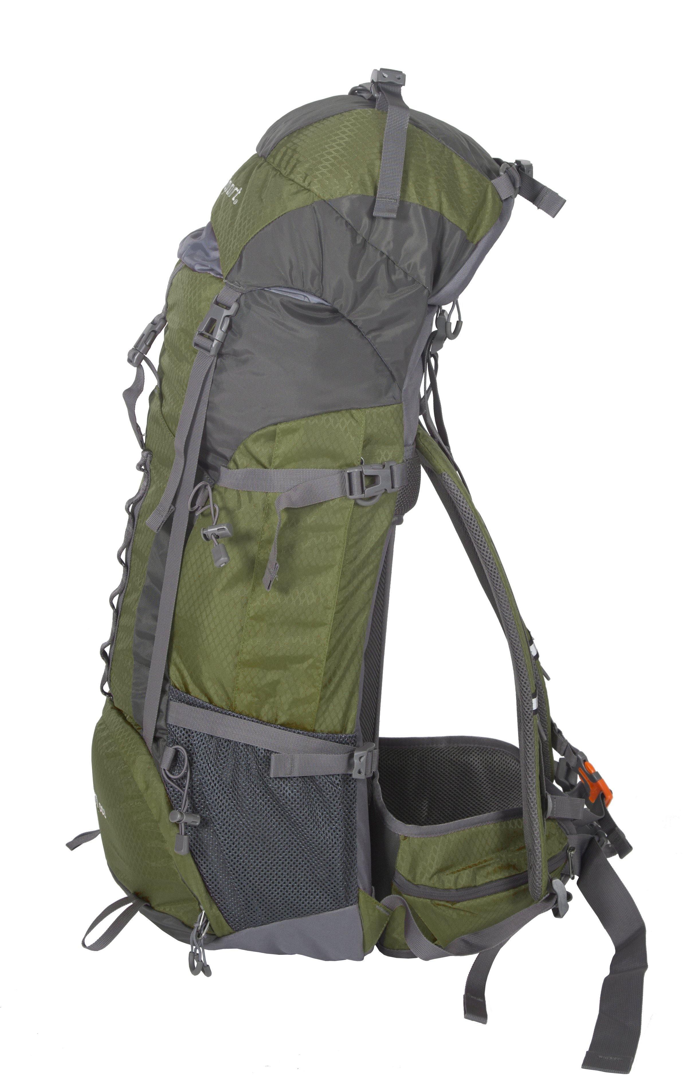 Green and grey Stansport 50 liter internal frame hiking backpack with mesh pockets