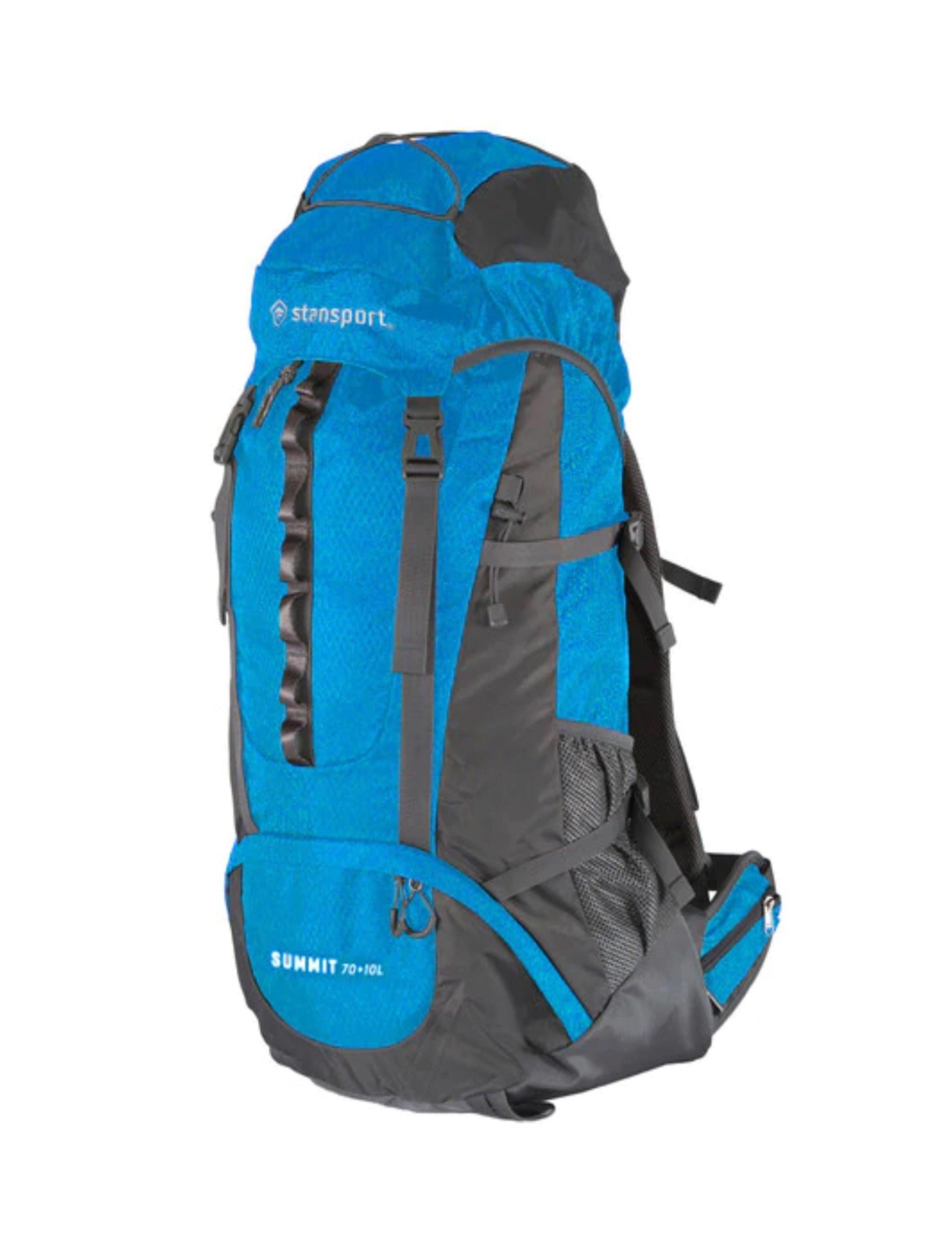 Stansport Summit 70+10L blue internal frame hiking backpack against white background