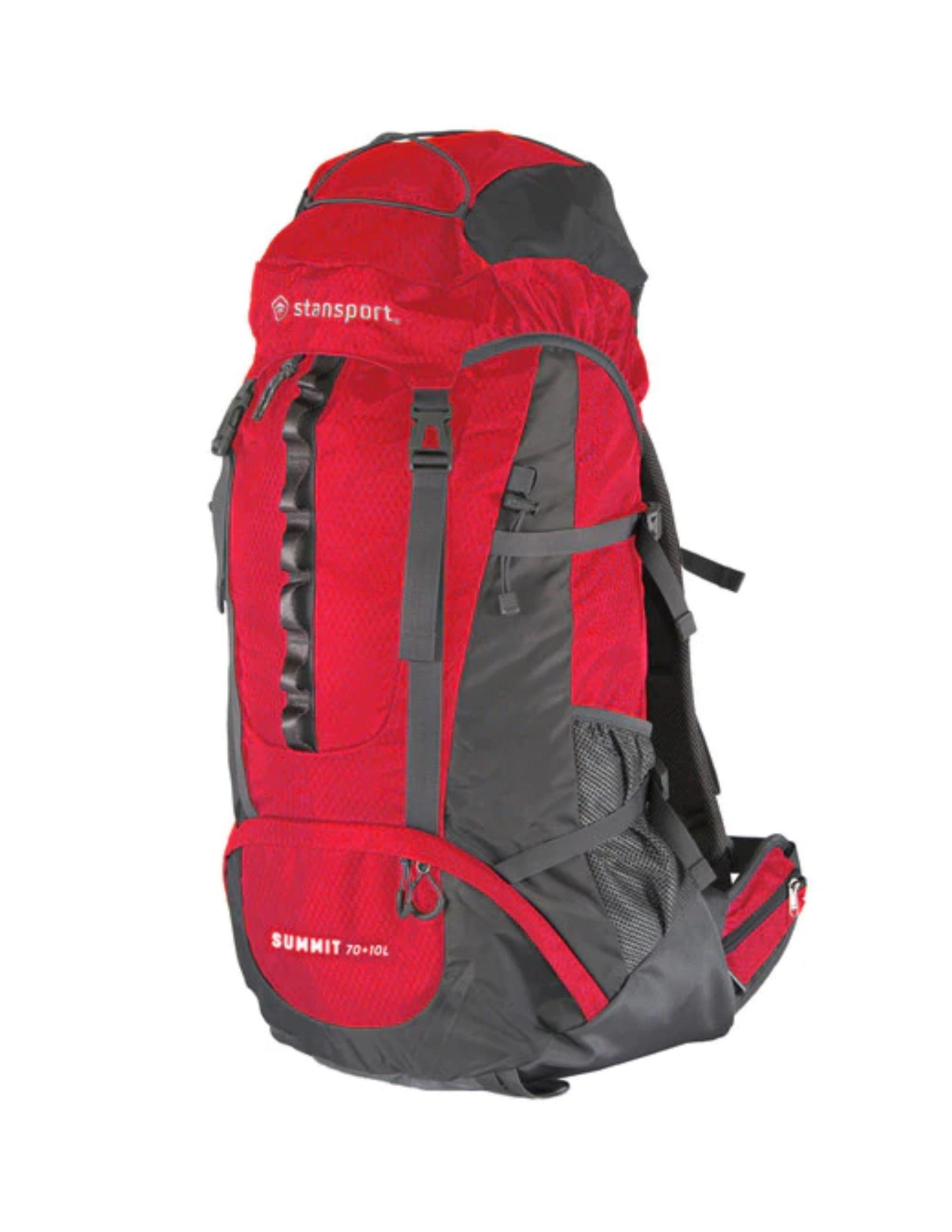 Red and black Stansport Summit 70+10L internal frame hiking backpack with multiple pockets