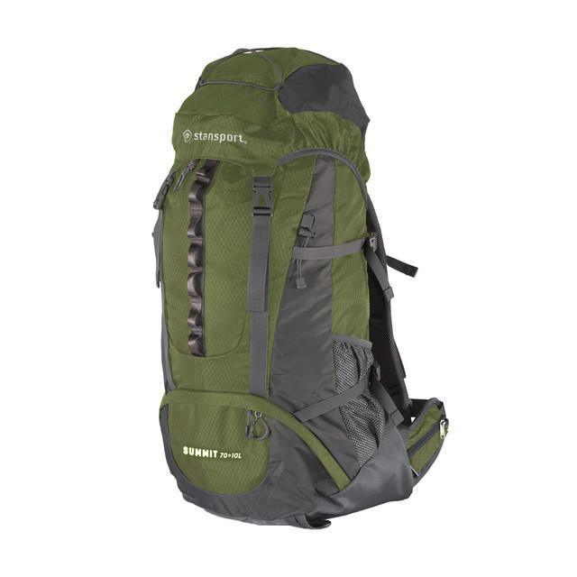 Olive green and gray Stansport Summit 70+10L internal frame hiking backpack
