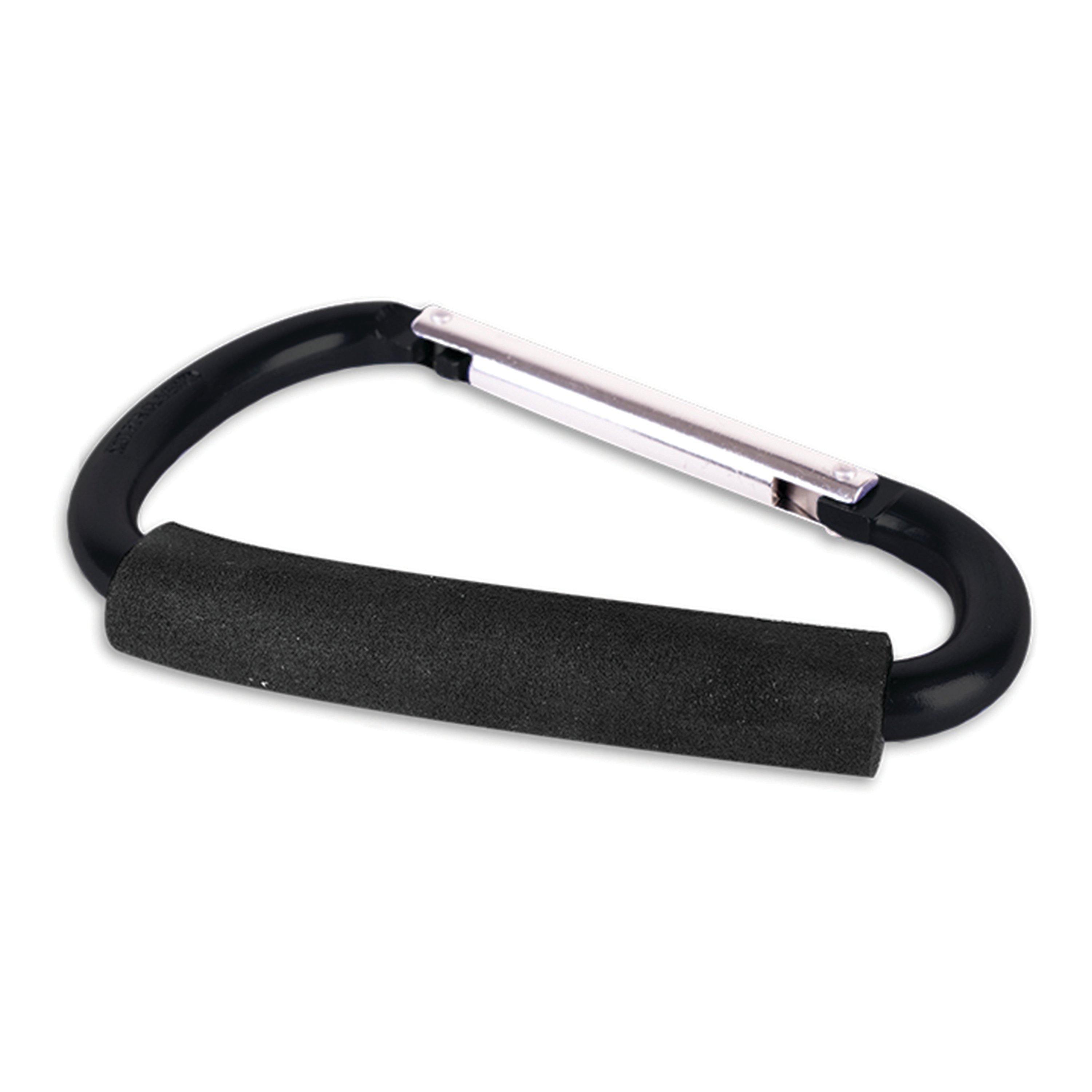 Black jumbo multi-use carabiner with foam grip and metal gate on white background