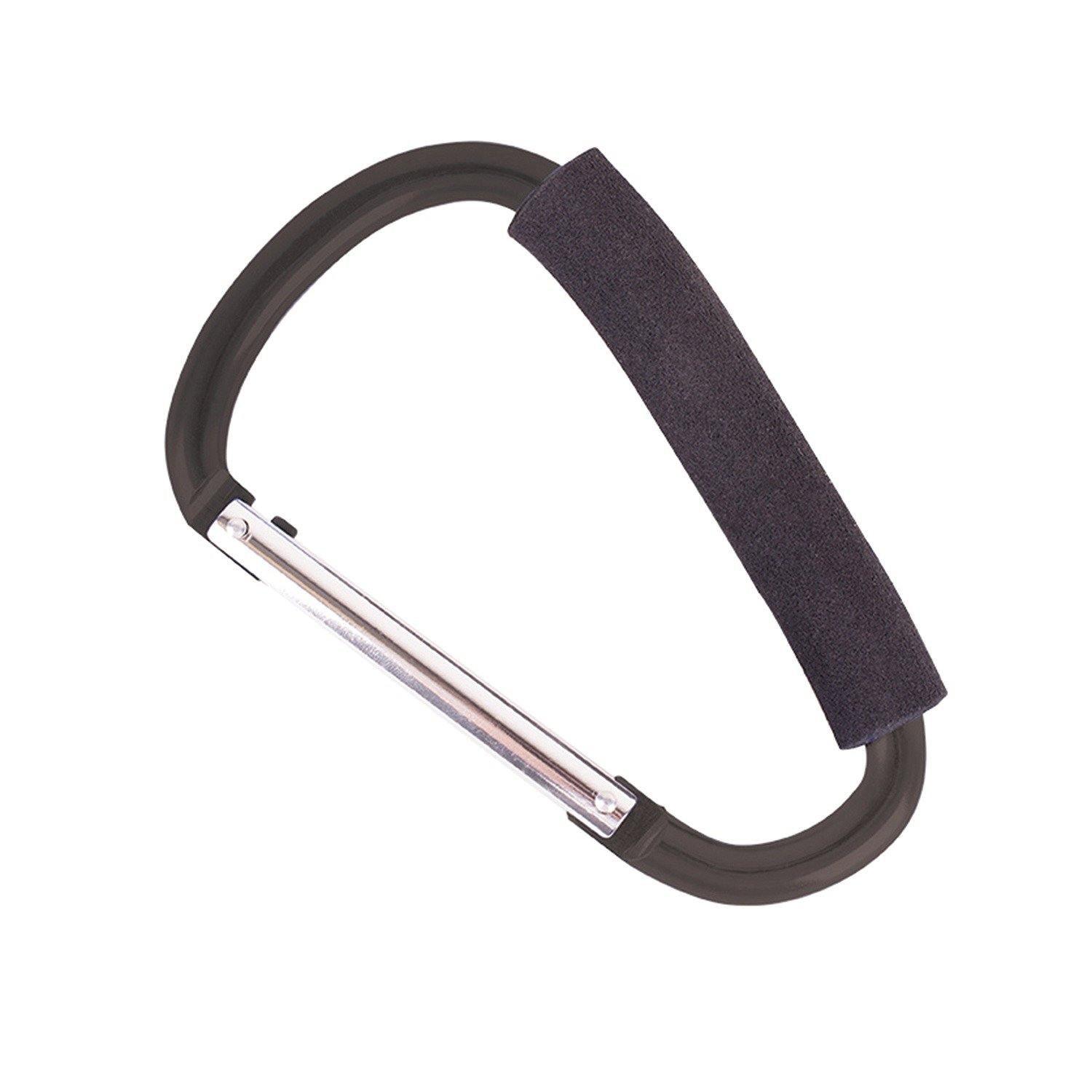 Jumbo black multi-use carabiner with foam grip and silver latch on white background
