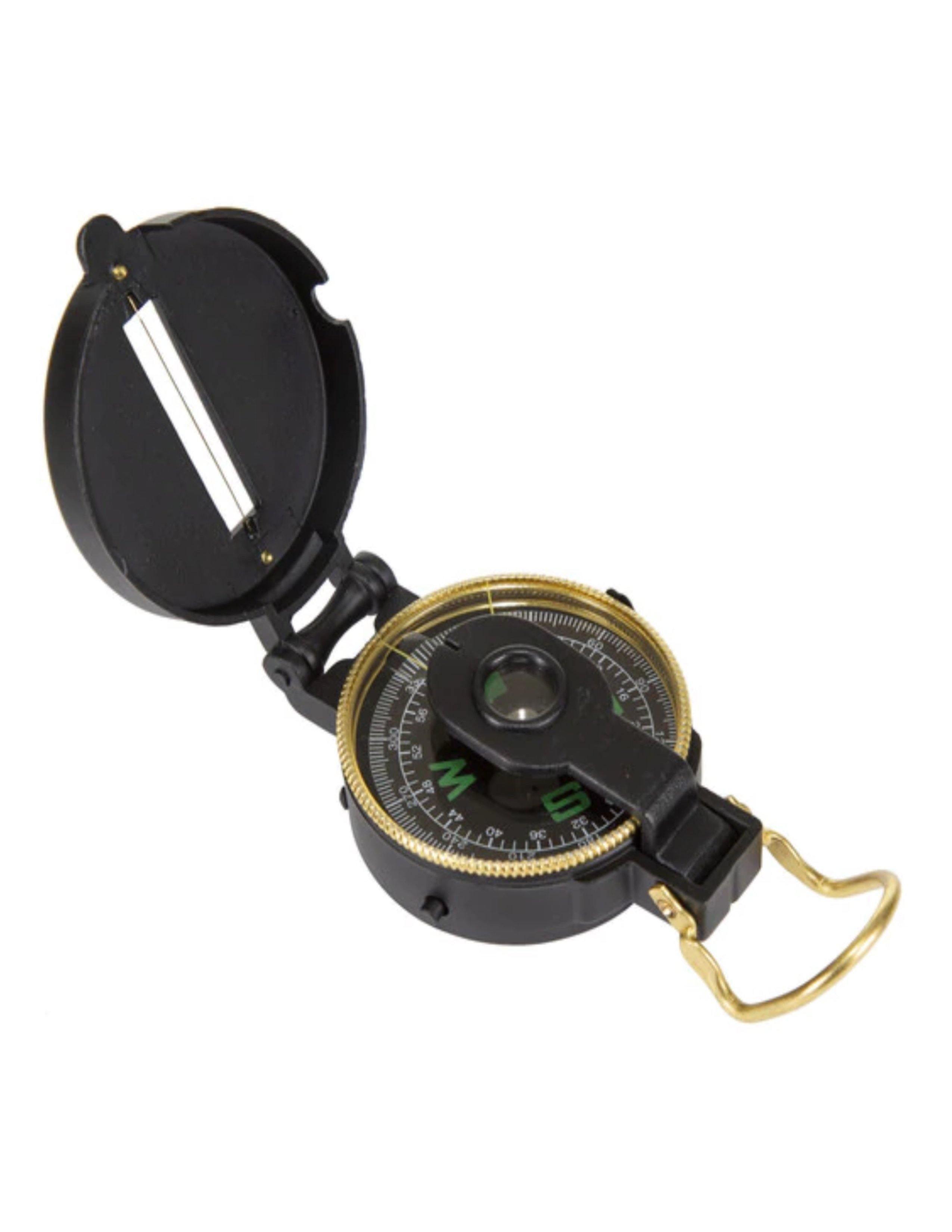 Stansport metal lensatic compass with black body and gold accents on white background