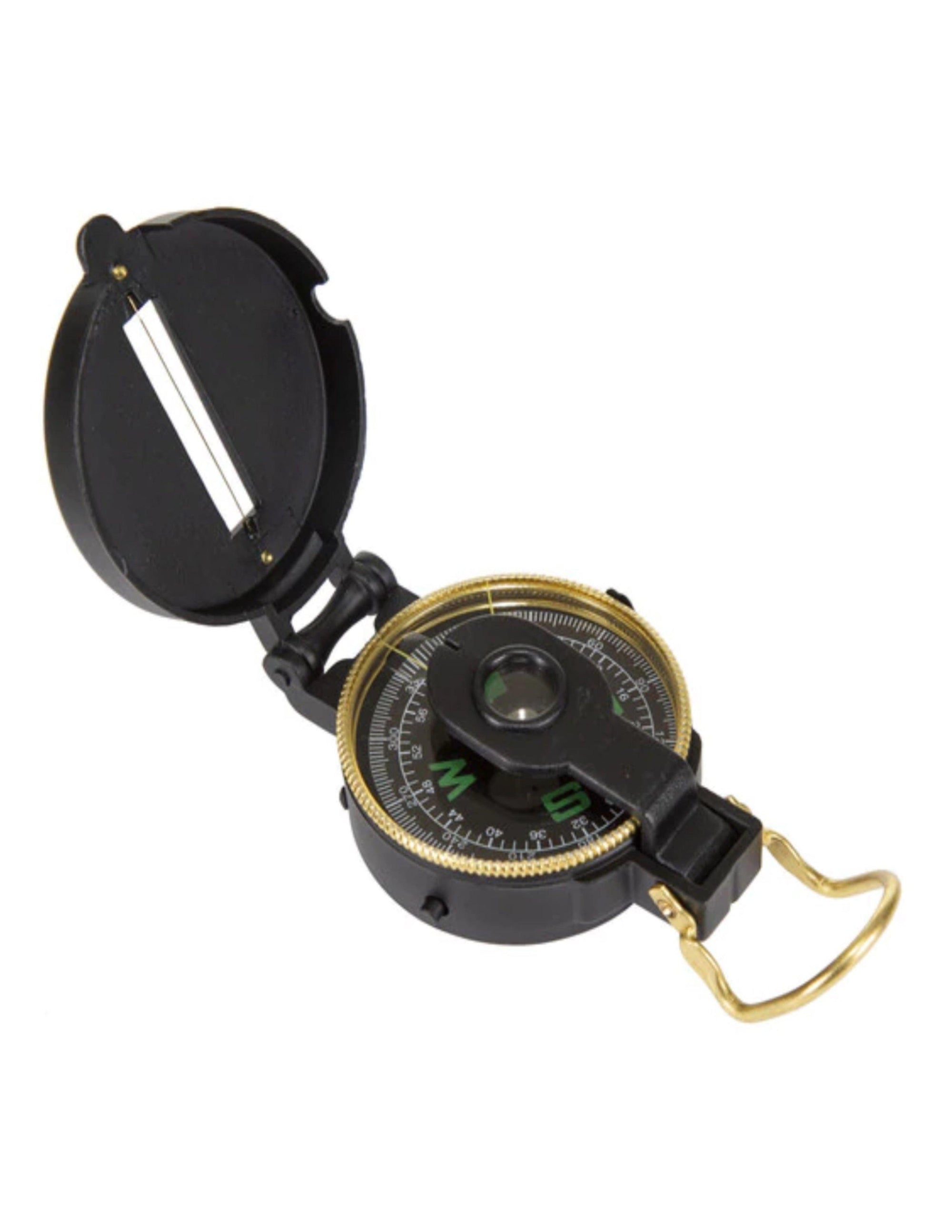 Stansport metal lensatic compass with black body and gold accents on white background