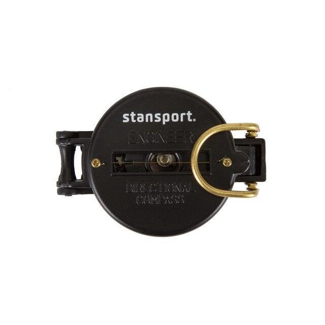 Stansport black metal lensatic compass with gold loop on white background