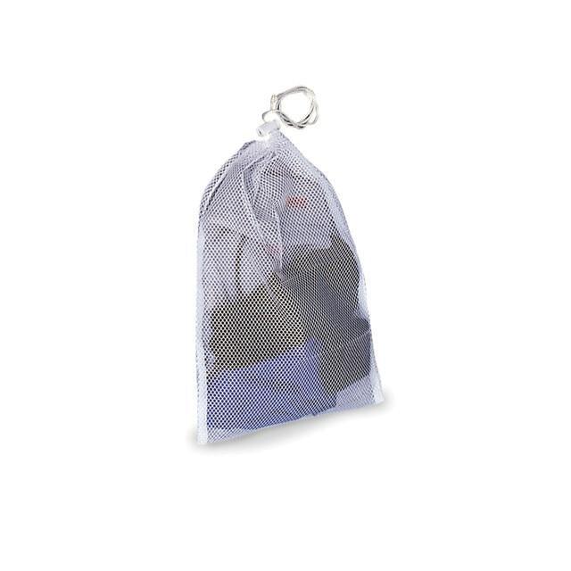 White mesh laundry dunk bag with drawstring closure holding clothes on white background