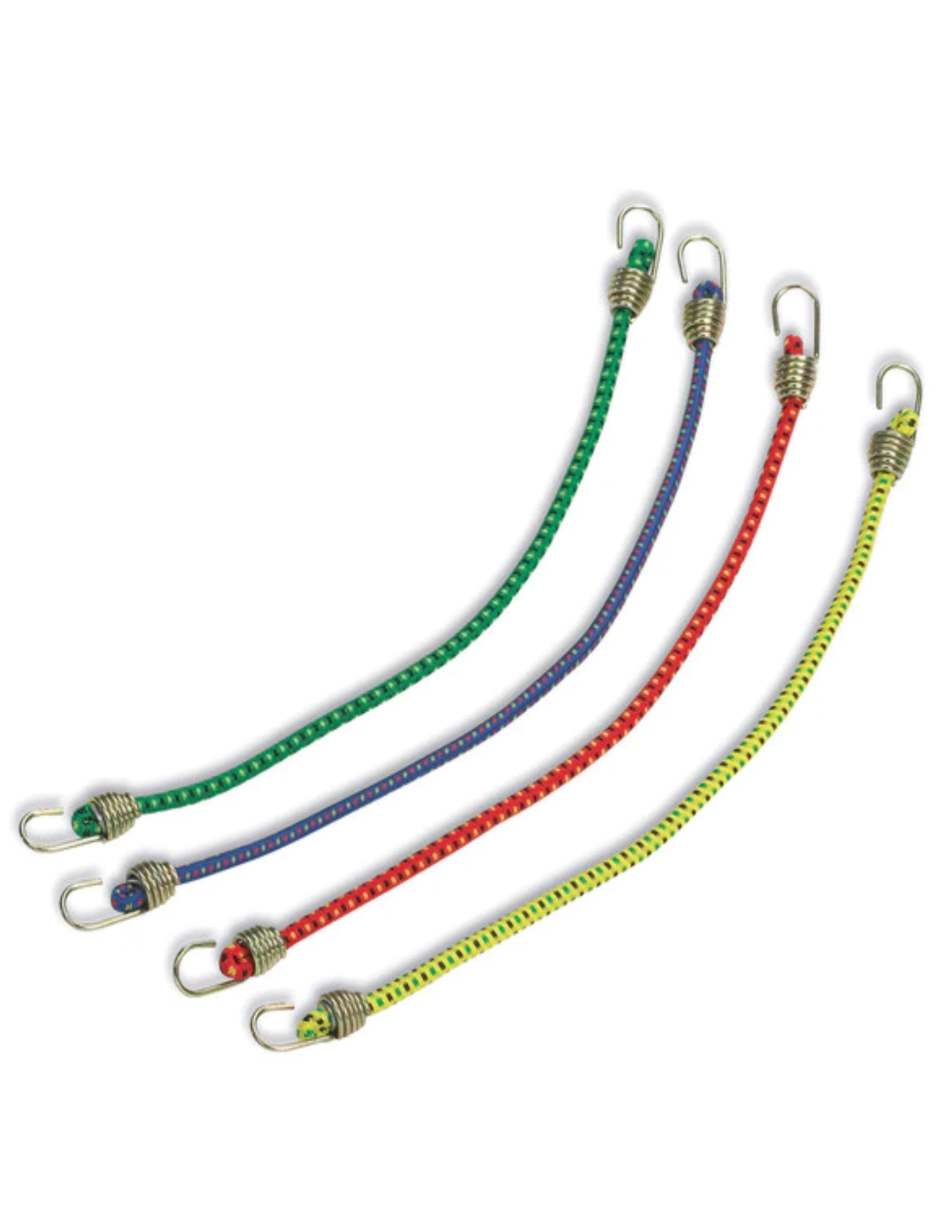 Four colored mini elastic shock cords with metal hooks on white background