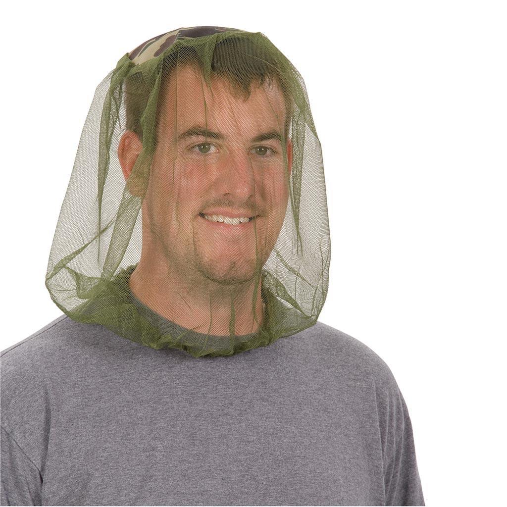 Man wearing olive green mosquito head net for outdoor insect protection