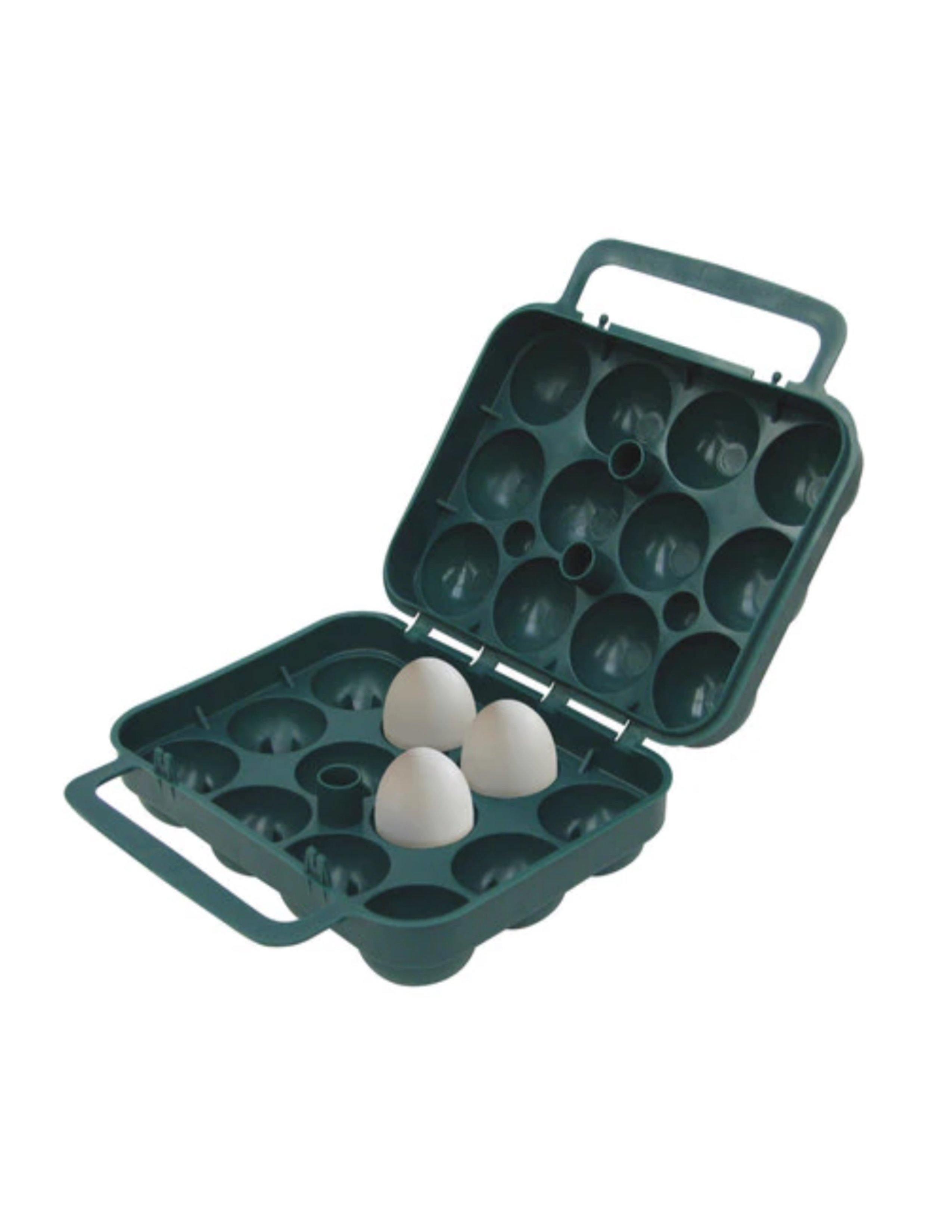Green plastic egg carrier with handle holding three eggs, camping storage container