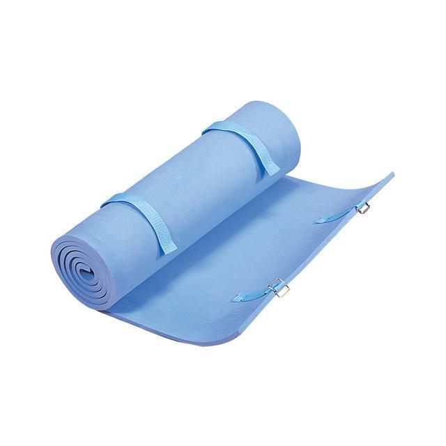 Blue foam camping sleeping pad with adjustable straps, unrolled on a white background