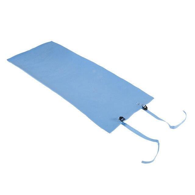 Light blue camping sleeping pad with adjustable straps on a white background