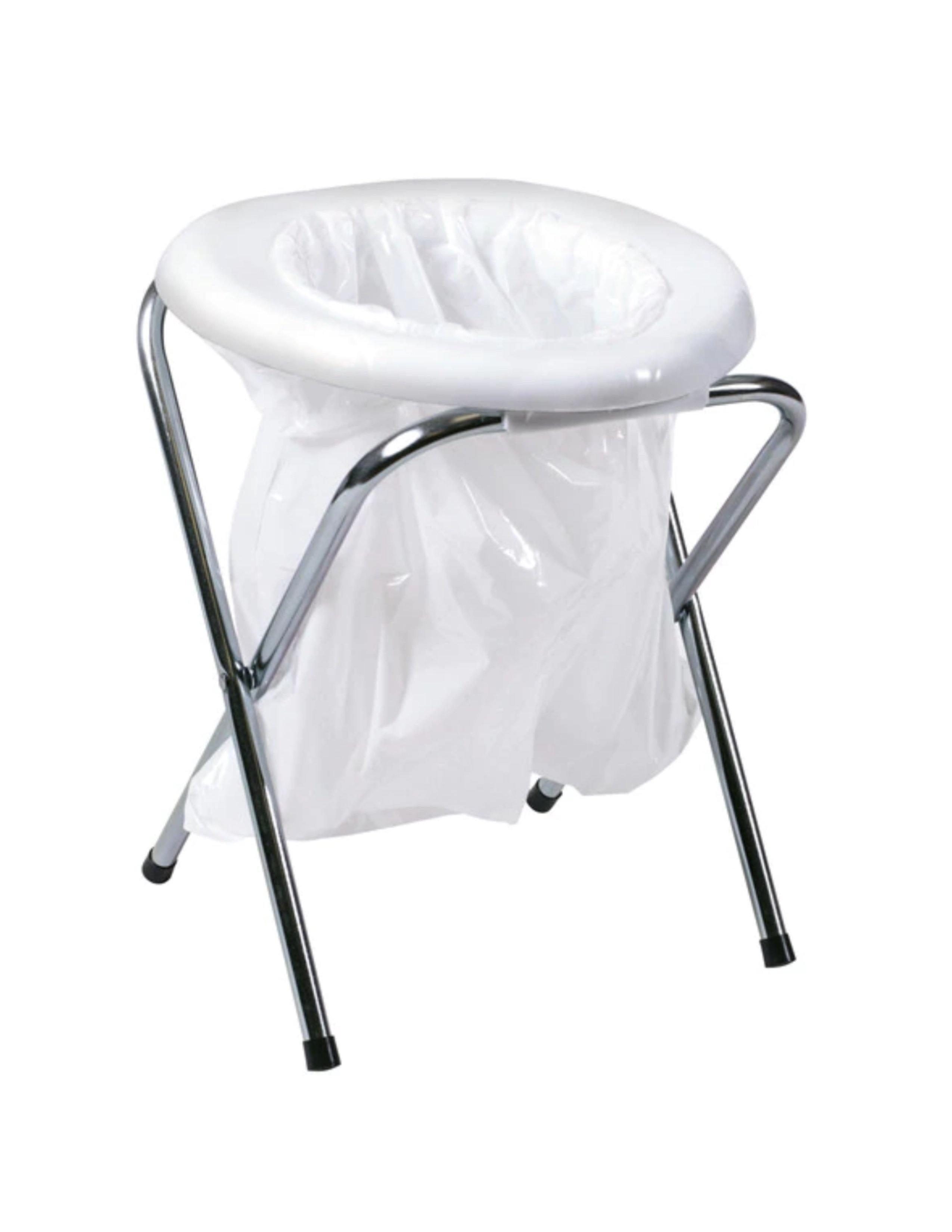 Portable folding camping toilet with white plastic replacement bag on metal frame