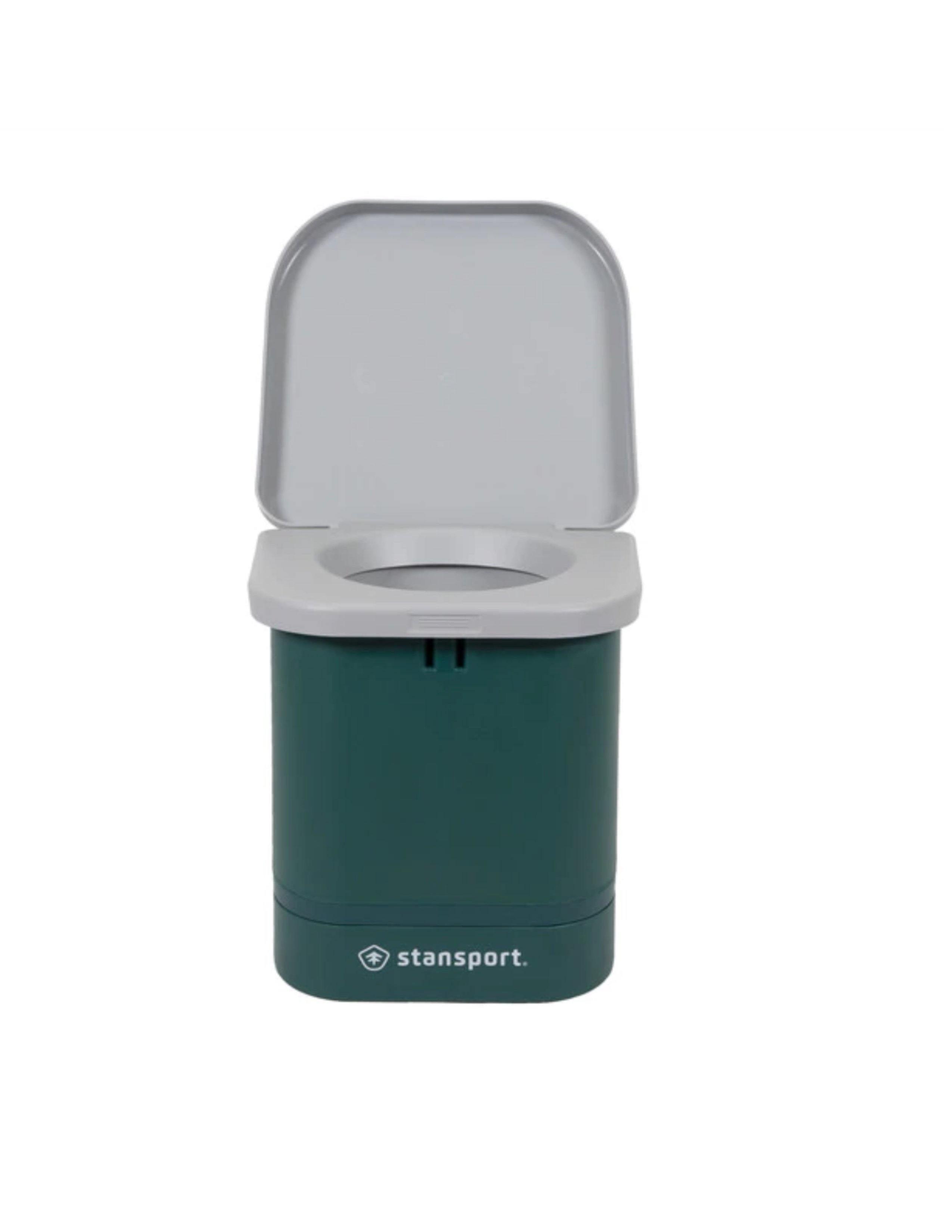 Stansport portable camping toilet with open gray lid on white background