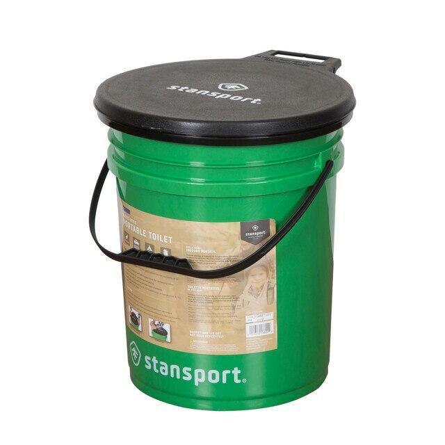 Green Stansport portable toilet bucket with black lid and handle for camping or outdoor use