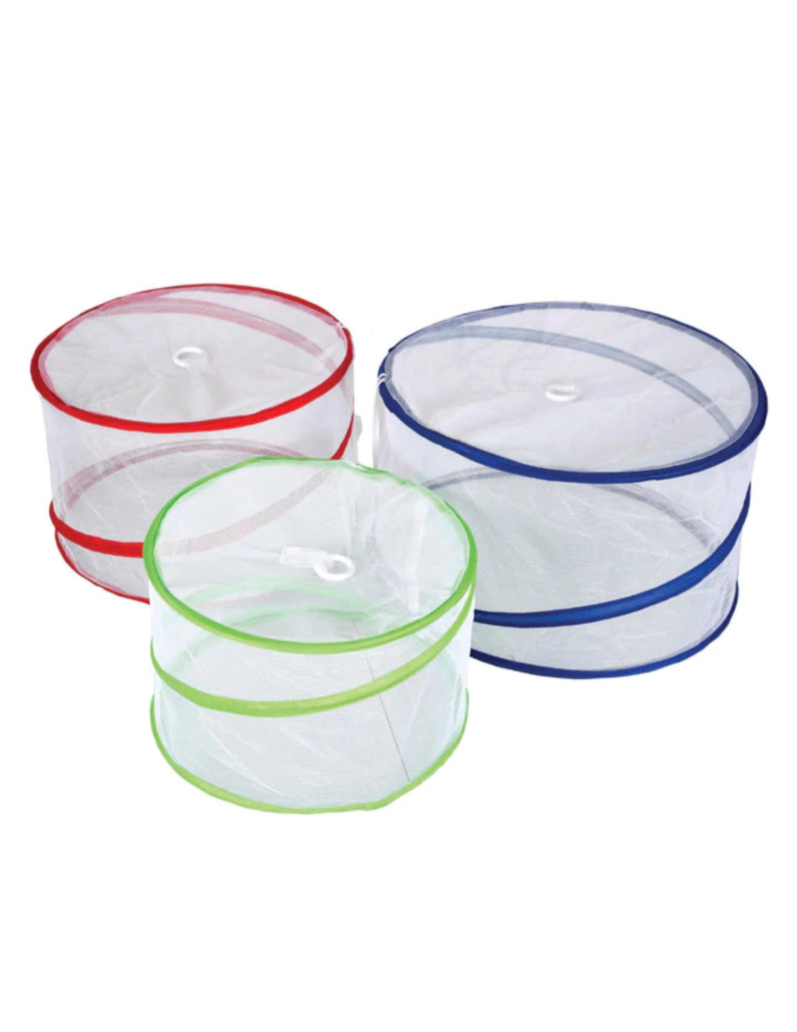 Three round pop-up mesh food covers with red, green, and blue trim on white background