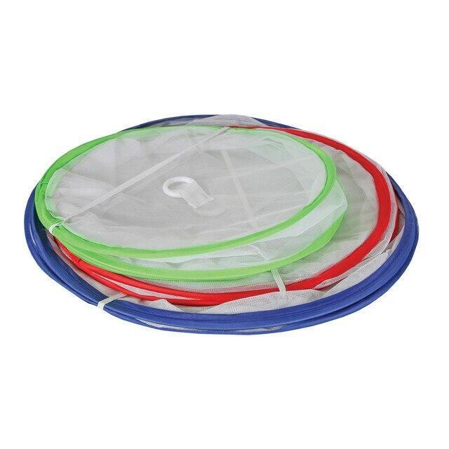 Pop-up mesh food covers in green, red, and blue rings stacked on white background