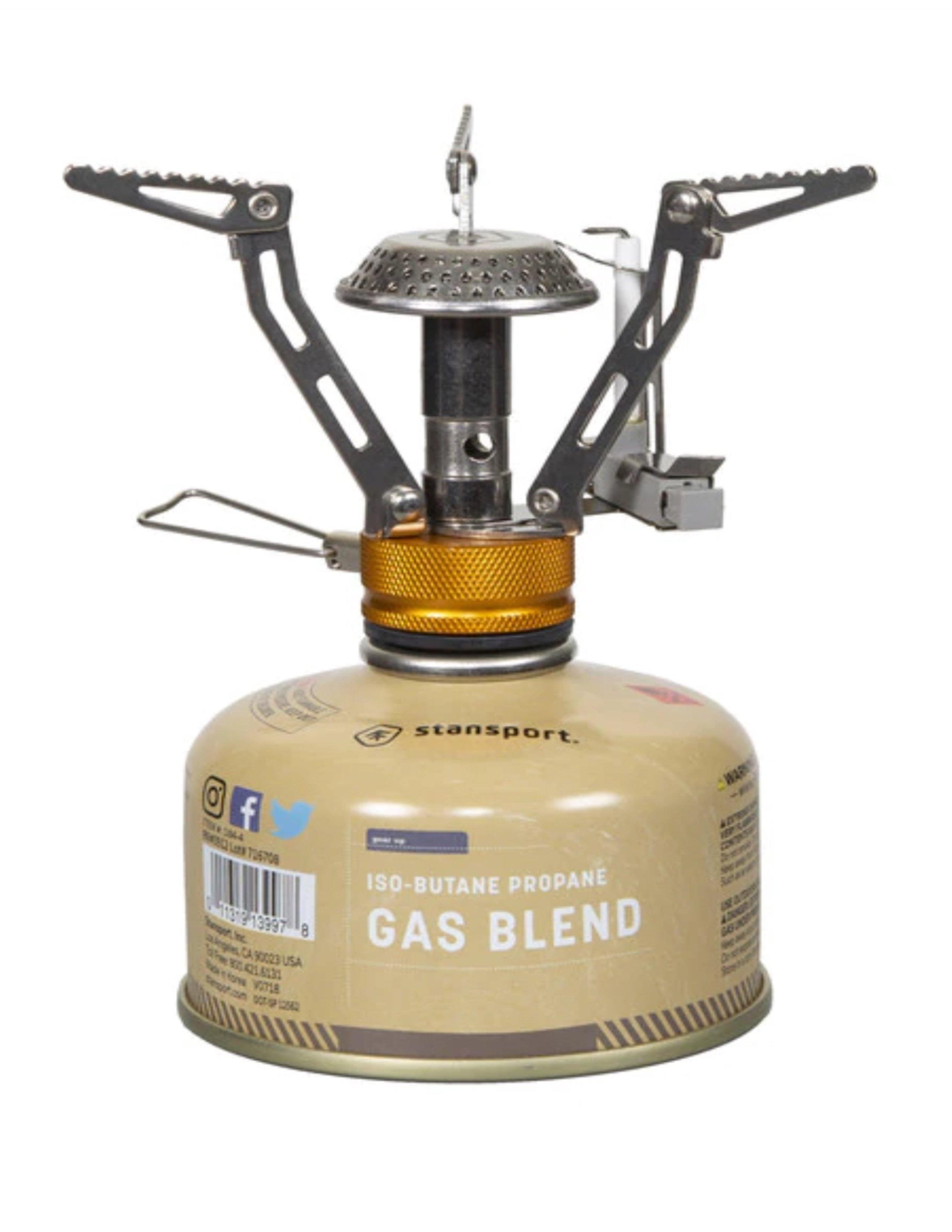 Stansport portable butane camping stove with gas blend canister on white background