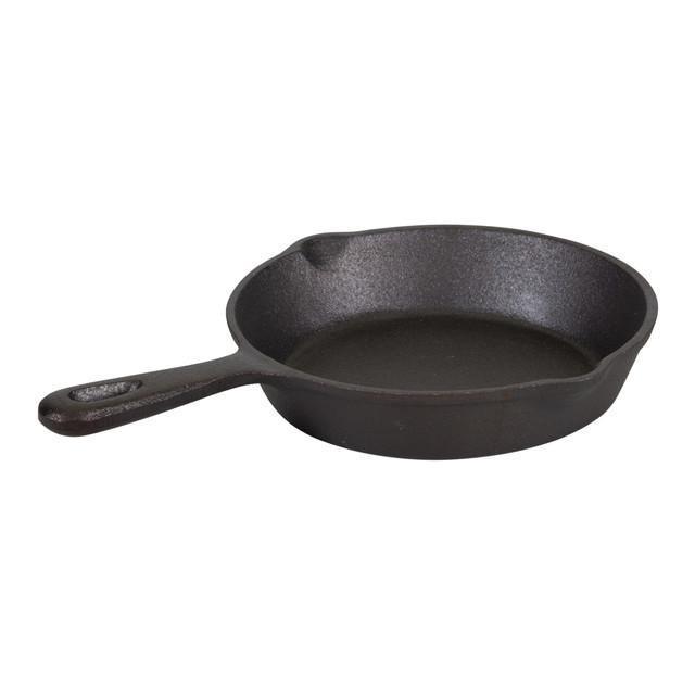 Pre-seasoned cast iron skillet with handle and spout on white background