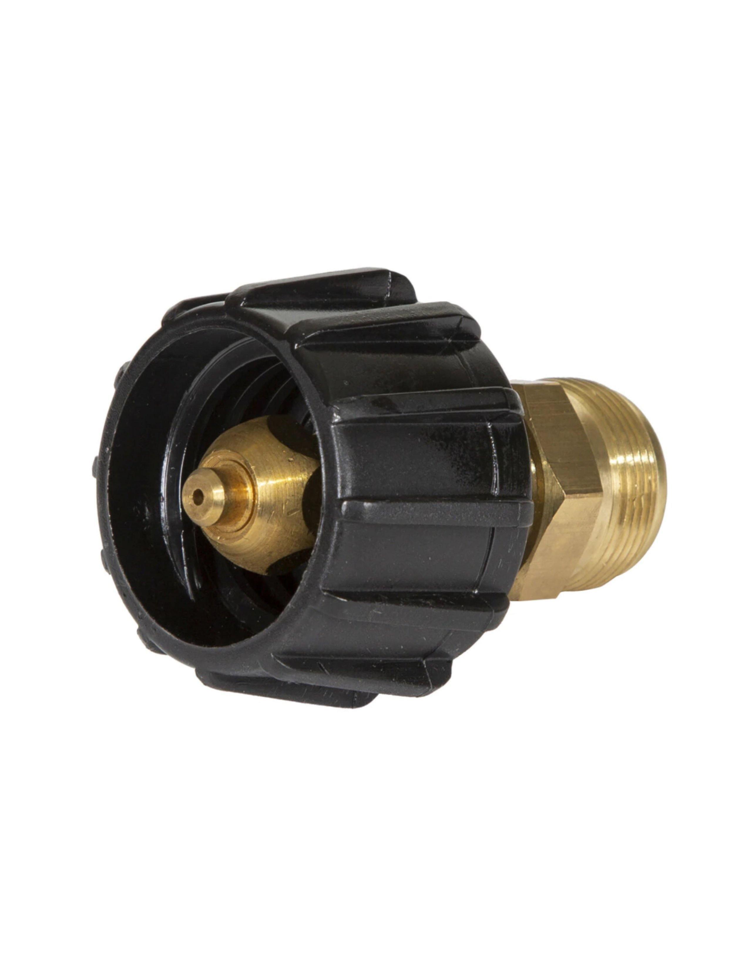 Stansport propane tank adapter with brass fitting and black plastic grip on white background