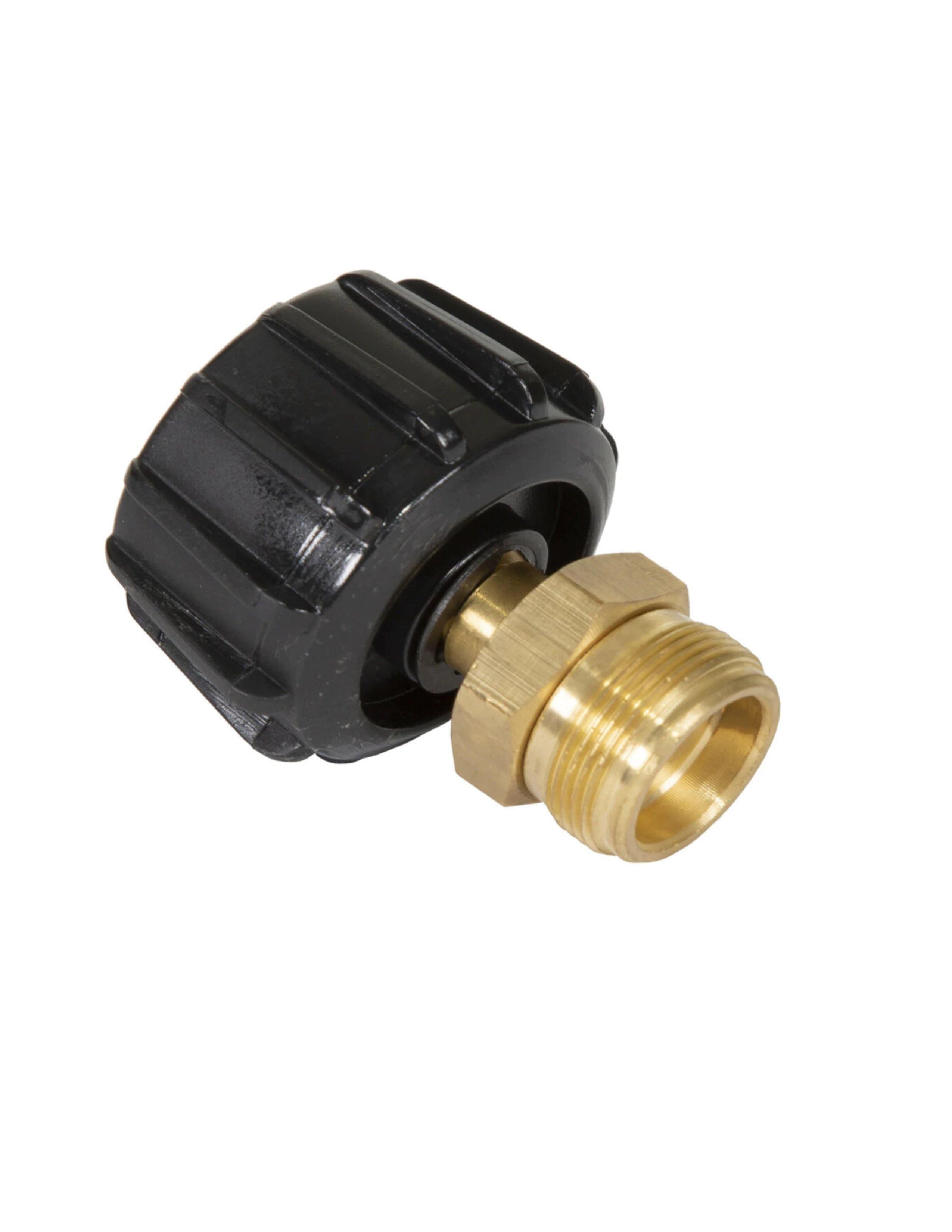 Stansport propane tank adapter with black plastic and brass fittings on white background