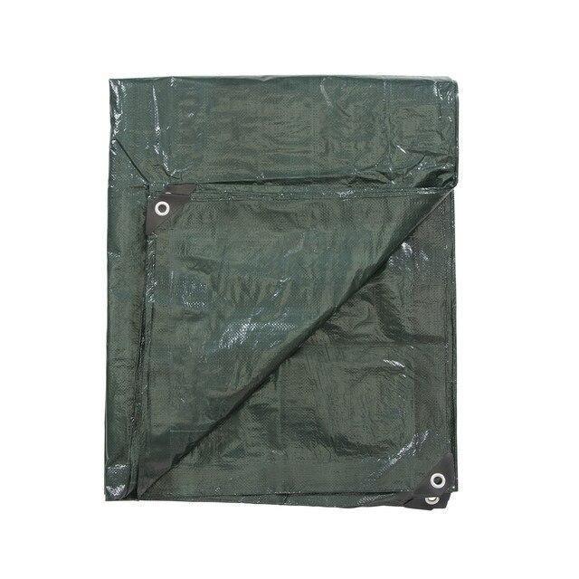 Green ripstop tarp with metal grommets for camping or outdoor use, folded on white background
