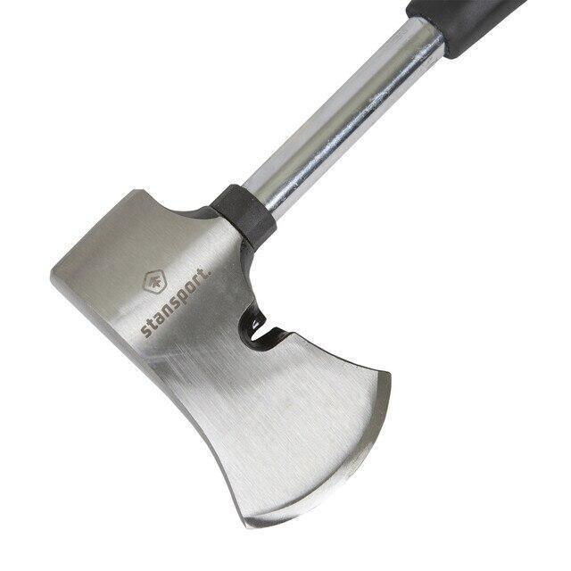 Stansport camp axe hammer with rubber handle and stainless steel blade, close-up view.