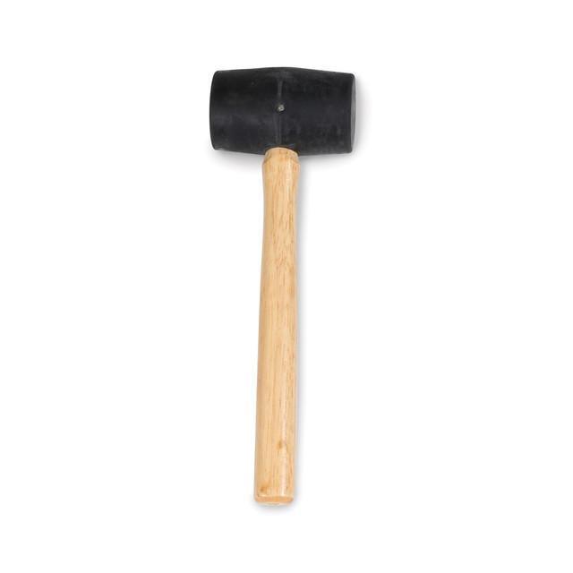 Rubber tent peg mallet with black head and wooden handle on white background