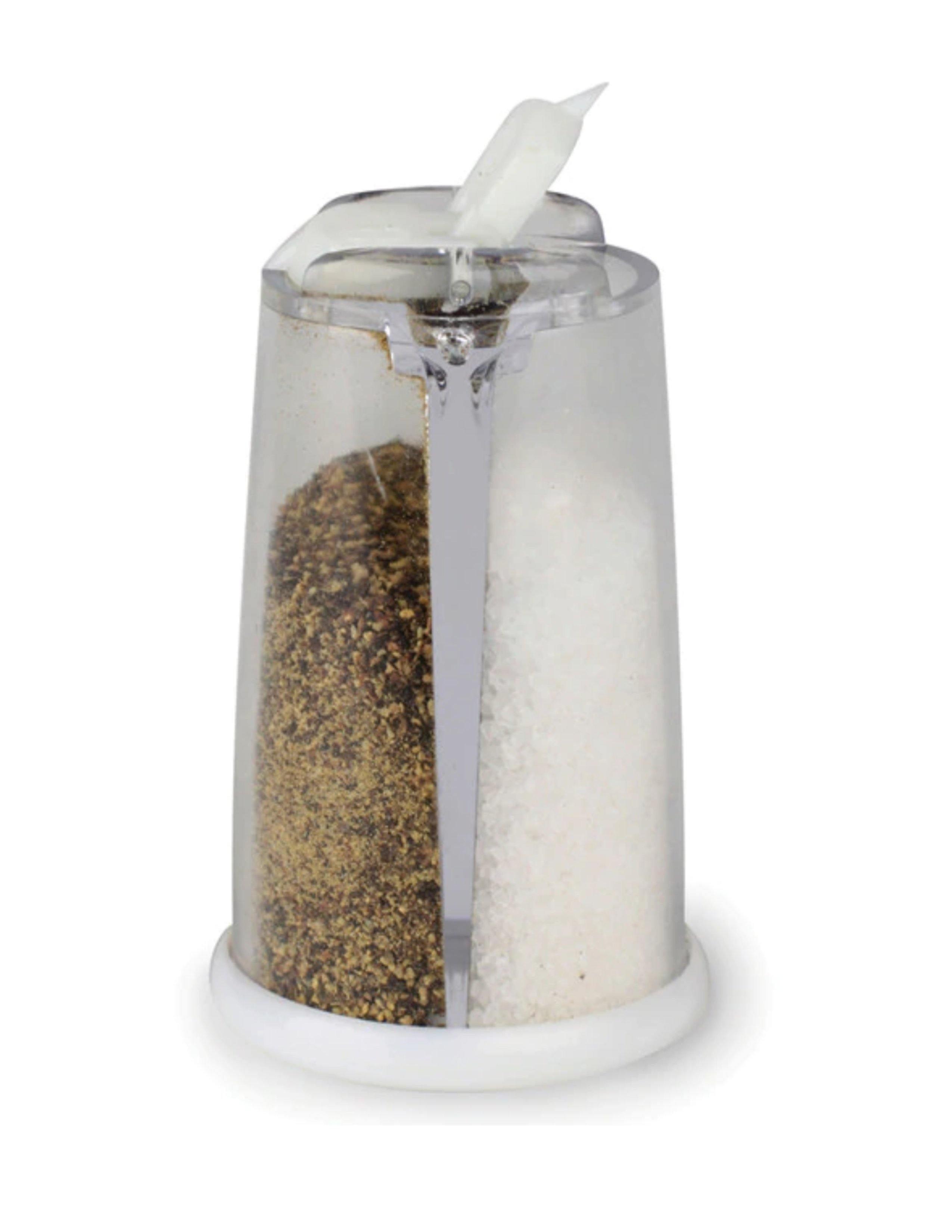 Clear plastic salt and pepper shaker with white base and flip-top lid