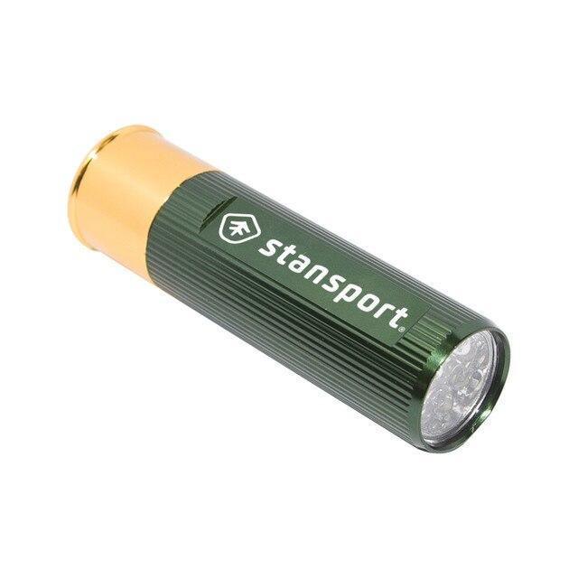 Stansport shotshell LED flashlight with green and gold casing on white background