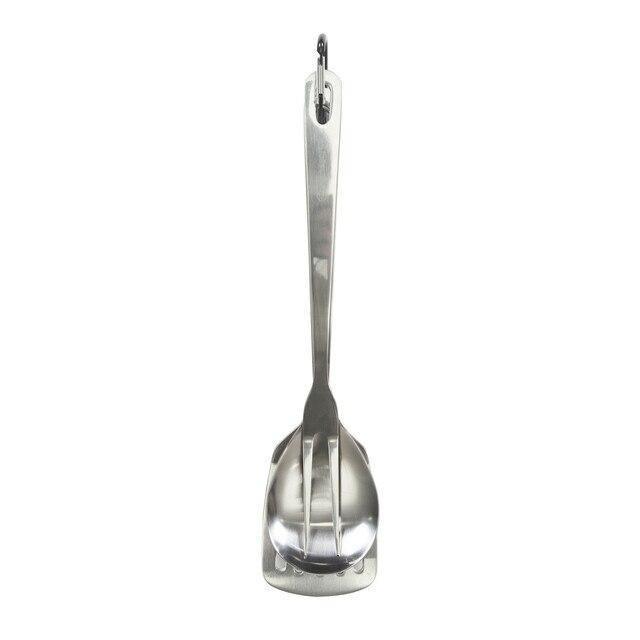 Stainless steel camping utensil set, fork, spoon, spatula stacked with hanging hook