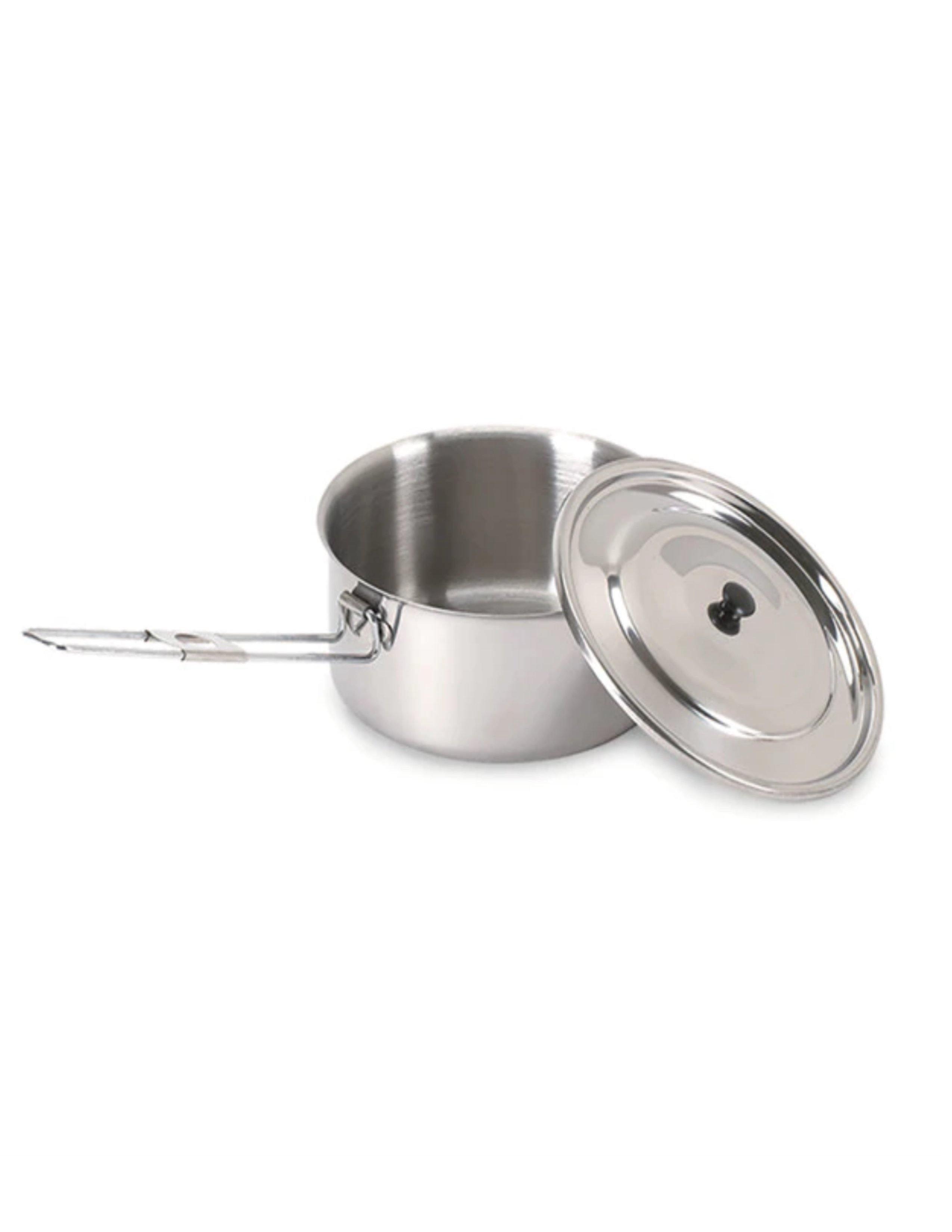 Stainless steel solo camp cook pot with lid and folding handle on white background