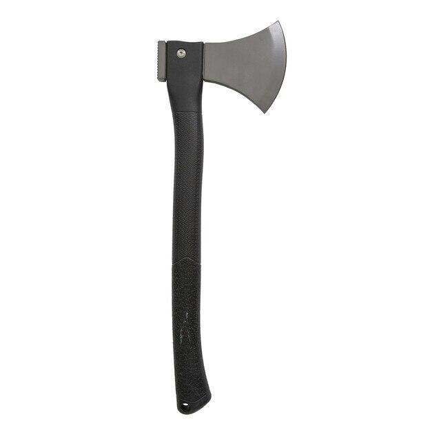Survival hatchet with black fiberglass handle and steel blade on white background