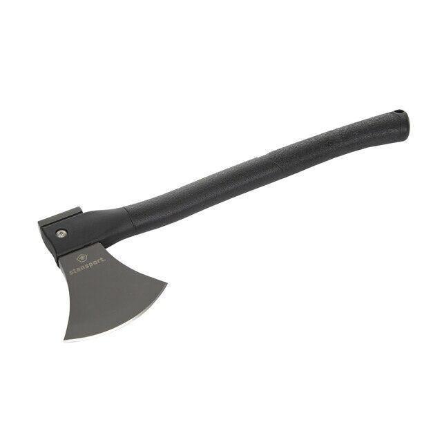 Stansport survival hatchet with black fiberglass handle on white background